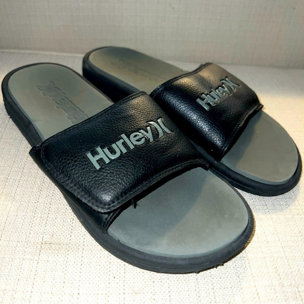 HURLEY Size 8 Black with Gray Logo Adjustable Men's Comfort Slide Sandals